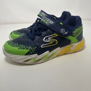 Skechers S-Lights: Boys Flex-Glow Bolt Sneakers Size 2, Navy/Green/Yellow